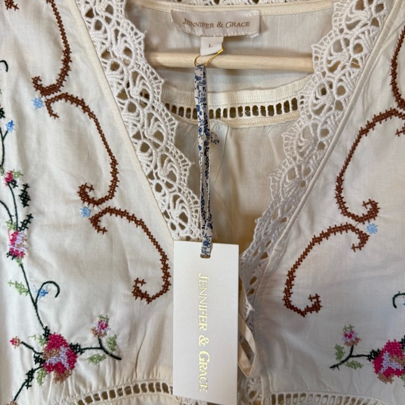 Jennifer & Grace Cream Cotton Floral Lace Embroidered Blouse NWT Size Large - Picture 5 of 8
